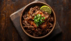 Barbacoa Recipe (Chipotle Copycat) Bowl of shredded beef from an easy low-carb barbacoa recipe, topped with cilantro and lime