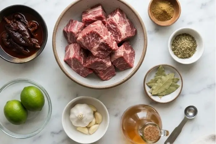 Barbacoa Recipe (Chipotle Copycat) 2 Ingredients for a barbacoa recipe including beef chuck, chipotle peppers in adobo, garlic, limes, and spices
