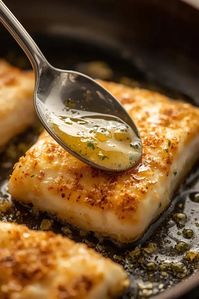 Pan Fried Cod 4 Spoon basting garlic butter over pan fried cod fillet in a skillet