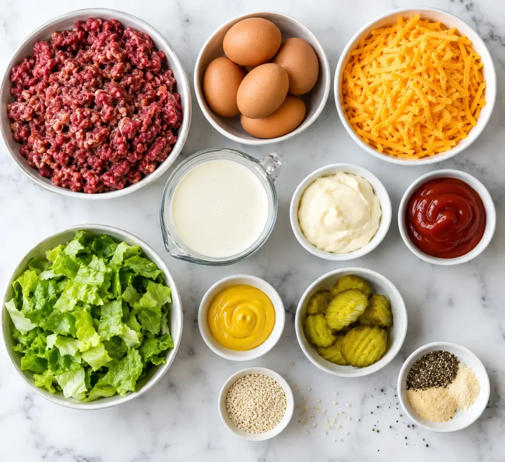 Big Mac Casserole 2 Flat lay of ingredients for big mac casserole recipe including ground beef, eggs, cheddar, pickles, and special sauce ingredients