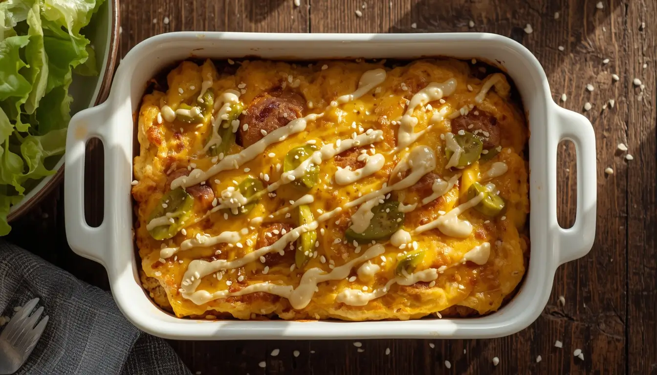 Big Mac Casserole 1 Freshly baked big mac casserole topped with melted cheddar, special sauce, pickles, and sesame seeds in a white baking dish