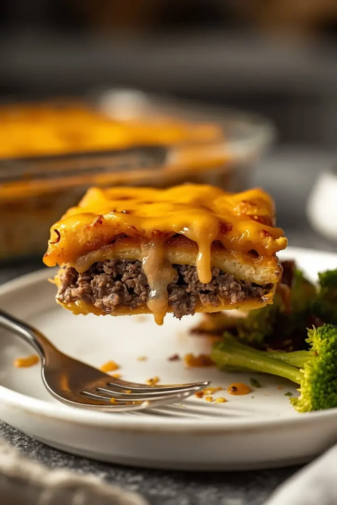 Big Mac Casserole 4 Slice of big mac casserole on a plate with a green salad and roasted broccoli