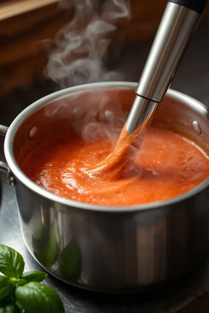 Immersion blender blending creamy tomato soup in a pot until silky smooth