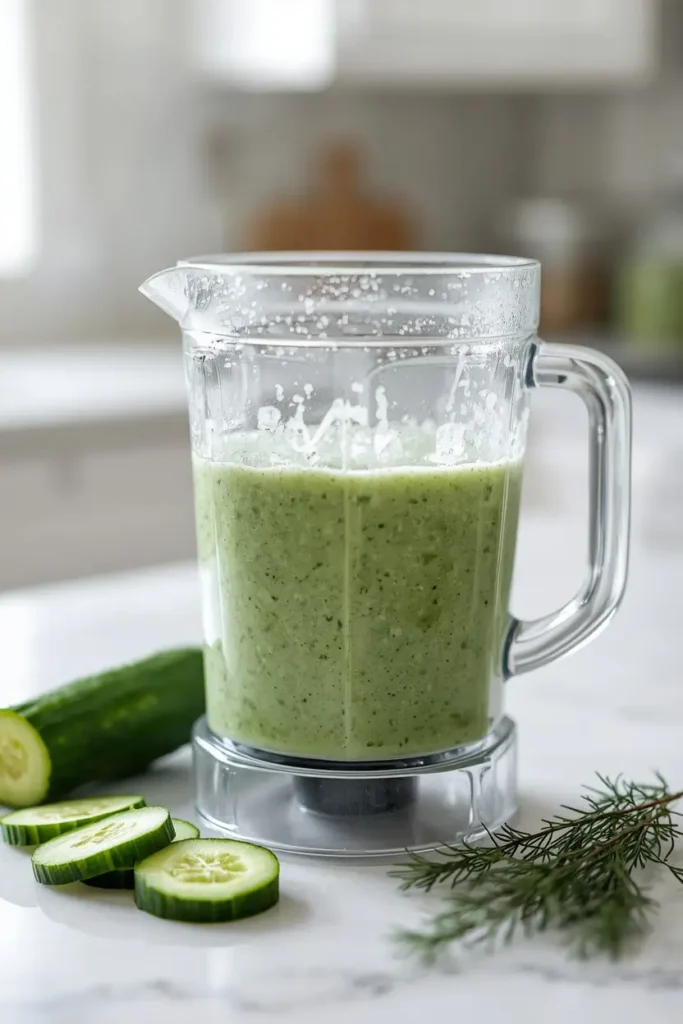 Cucumber Soup 3 Blender filled with smooth green cucumber soup mixture on a kitchen counter