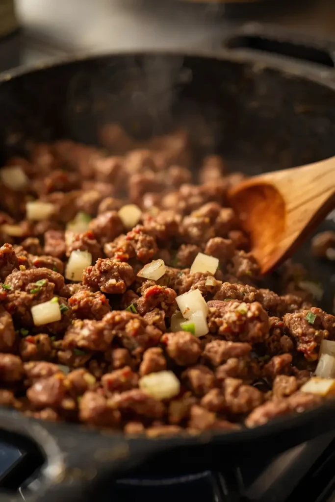 Big Mac Casserole 3 Ground beef and onions browning in a skillet to make big mac casserole
