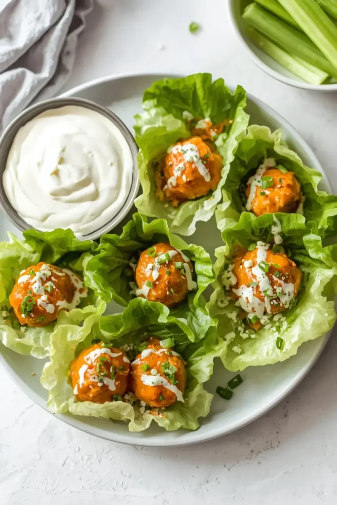 Buffalo chicken meatballs served in crisp lettuce wraps with ranch dressing and celery