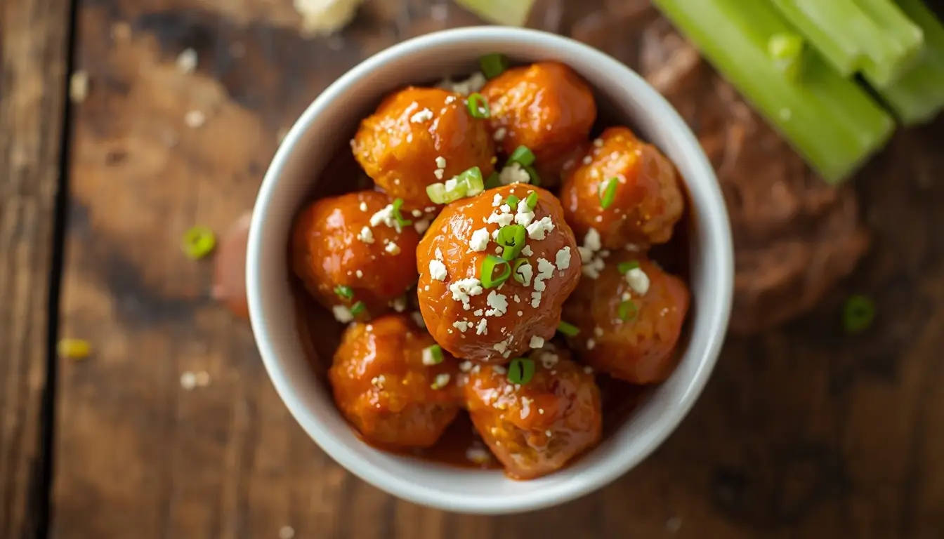 Low-carb buffalo chicken meatballs glazed in hot sauce with blue cheese crumbles