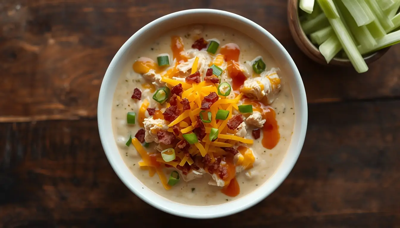 A bowl of creamy buffalo chicken soup topped with cheddar, green onions, and bacon