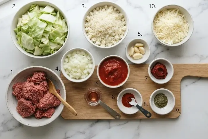 Cabbage Roll Casserole 2 Ingredients for cabbage roll casserole including ground beef, cabbage, cauliflower rice, tomato sauce, and spices