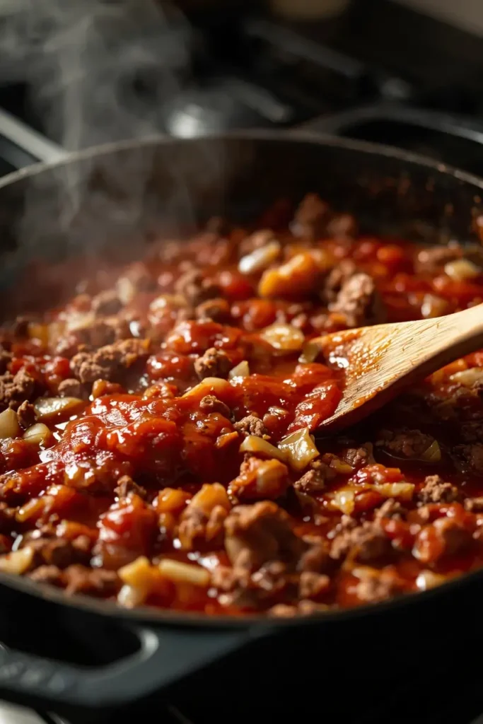 Cabbage Roll Casserole 3 Skillet of beef and tomato sauce simmering as the base for cabbage roll casserole