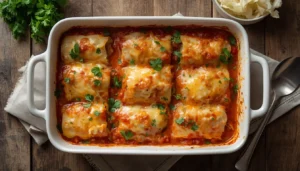 Cabbage Roll Casserole Freshly baked keto cabbage roll casserole in a white baking dish topped with melted cheese and parsley