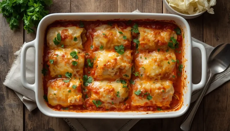 Freshly baked keto cabbage roll casserole in a white baking dish topped with melted cheese and parsley