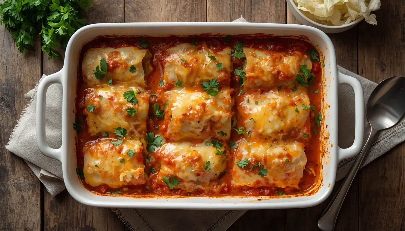 Cabbage Roll Casserole 1 Freshly baked keto cabbage roll casserole in a white baking dish topped with melted cheese and parsley