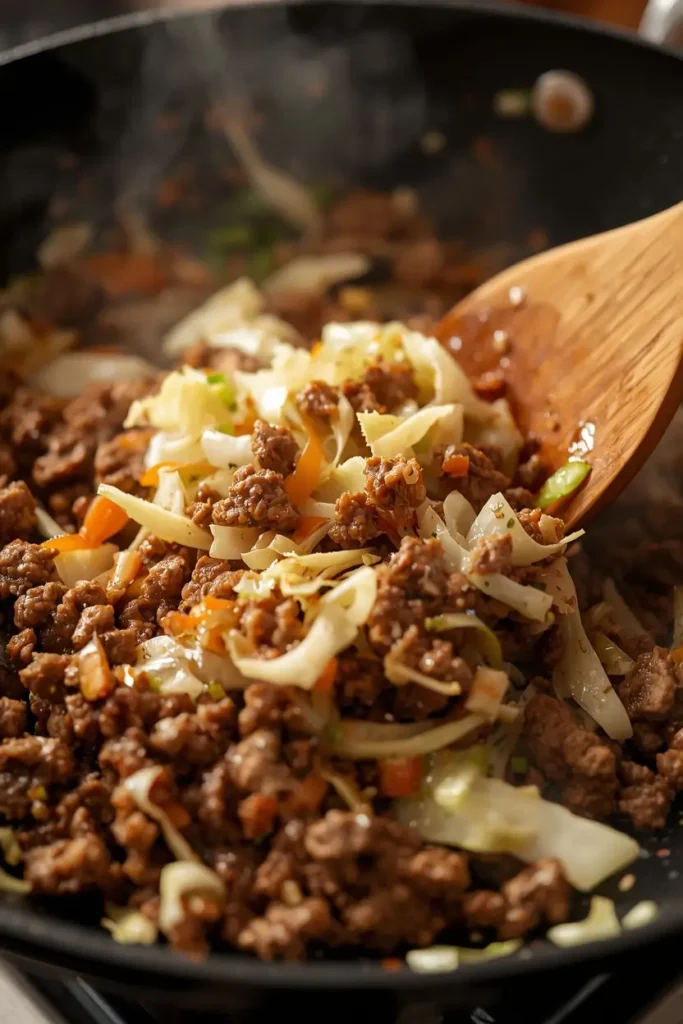 Cabbage Stir Fry 3 Tossing shredded cabbage with beef and garlic in a wok to make cabbage stir fry