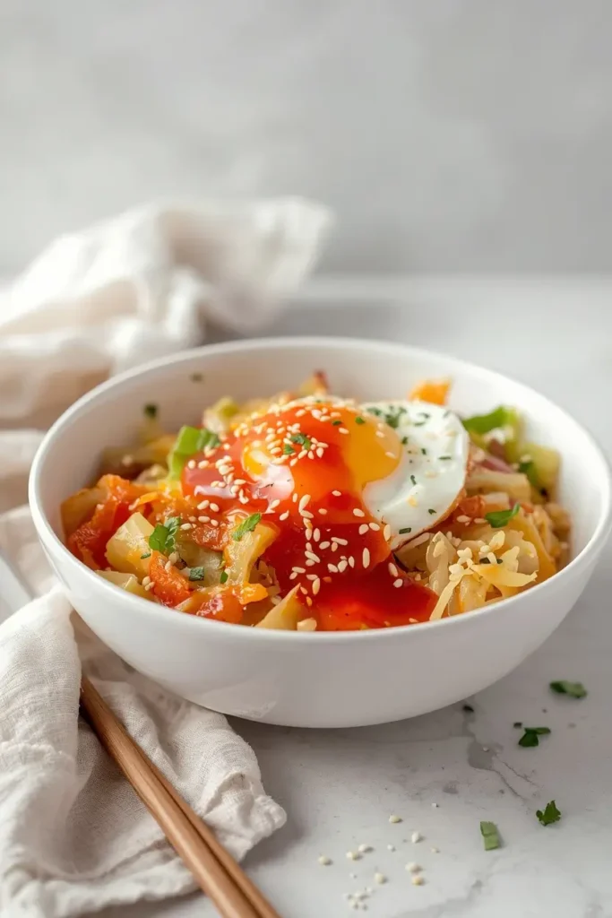 Cabbage Stir Fry 4 Bowl of cabbage stir fry over cauliflower rice with a fried egg on top