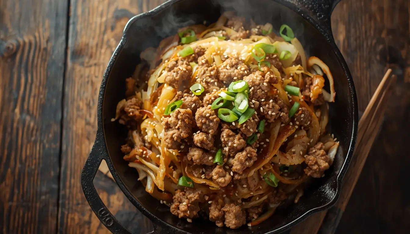 Cabbage Stir Fry 1 Easy cabbage stir fry with ground beef, green onions, and sesame seeds in a skillet