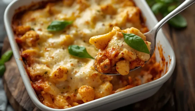 Bubbly cheesy cauliflower baked ziti recipe fresh from the oven in a white baking dish