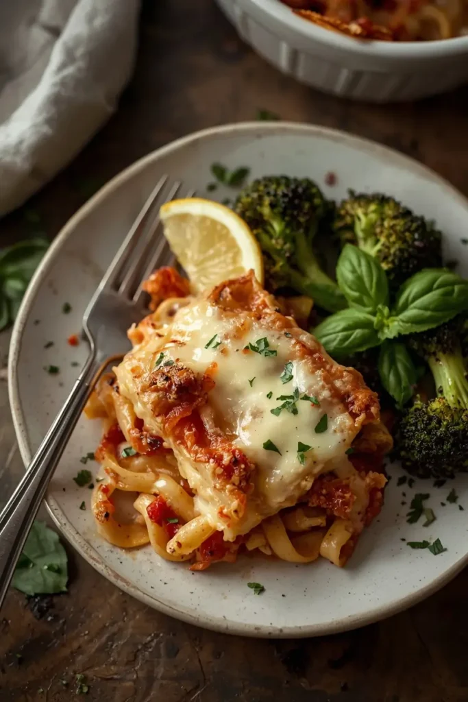 Cauliflower Baked Ziti 4 Slice of cauliflower baked ziti served with roasted broccoli and lemon for an easy keto dinner