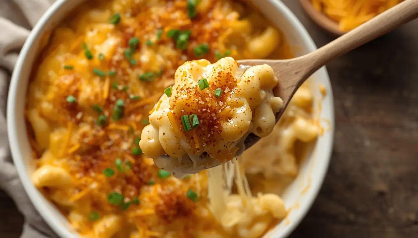 Cauliflower Mac and Cheese 1 Creamy cauliflower mac and cheese in a baking dish with golden melted cheddar and chives