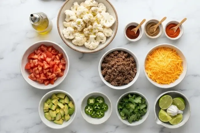 Cauliflower Nachos 2 Fresh ingredients for cauliflower nachos laid out on a marble counter