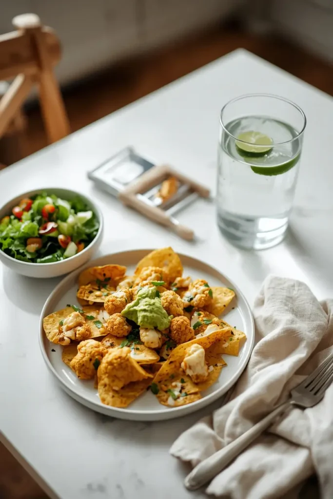Cauliflower Nachos 4 Plate of cauliflower nachos served with side salad, guacamole and sparkling water for a low-carb lunch