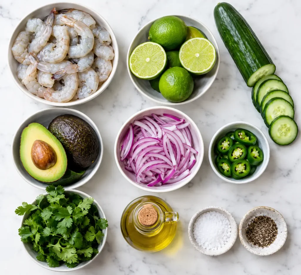 Ceviche Recipe 2 Fresh ingredients for a ceviche recipe shrimp dish, including shrimp, limes, cucumber, and avocado