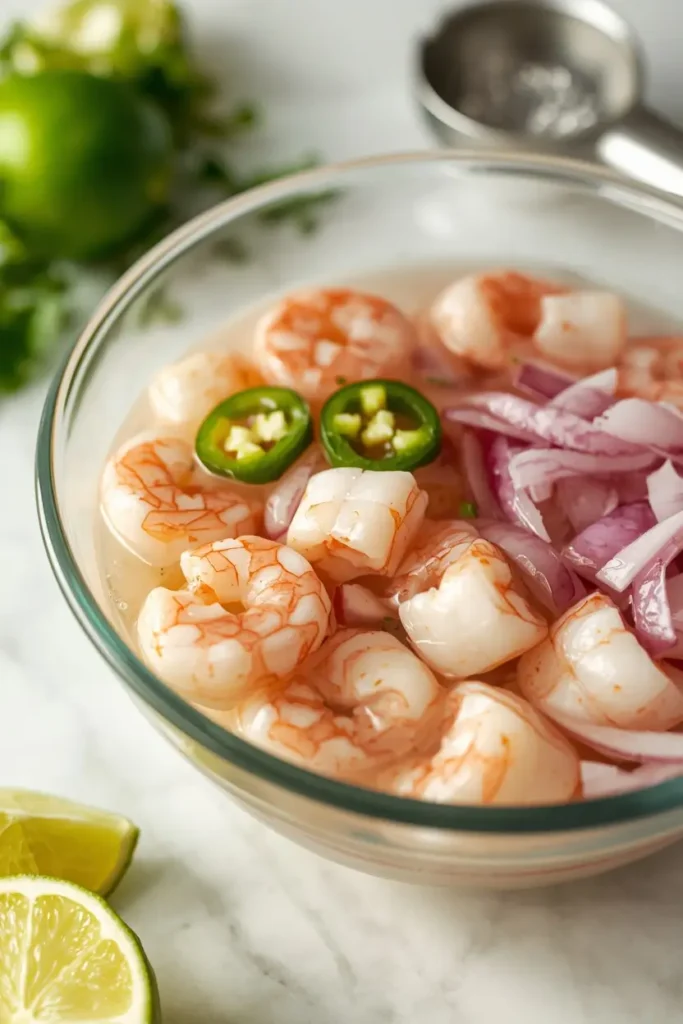 Ceviche Recipe 3 Chopped shrimp marinating in lime juice in a glass bowl for an easy ceviche recipe