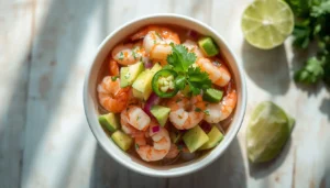 Ceviche Recipe Bowl of low-carb shrimp ceviche recipe with avocado, cucumber, and lime on a wooden table