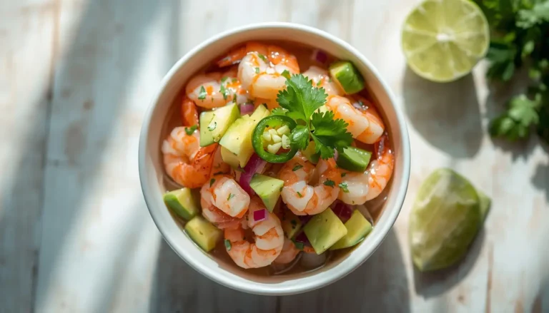 Bowl of low-carb shrimp ceviche recipe with avocado, cucumber, and lime on a wooden table