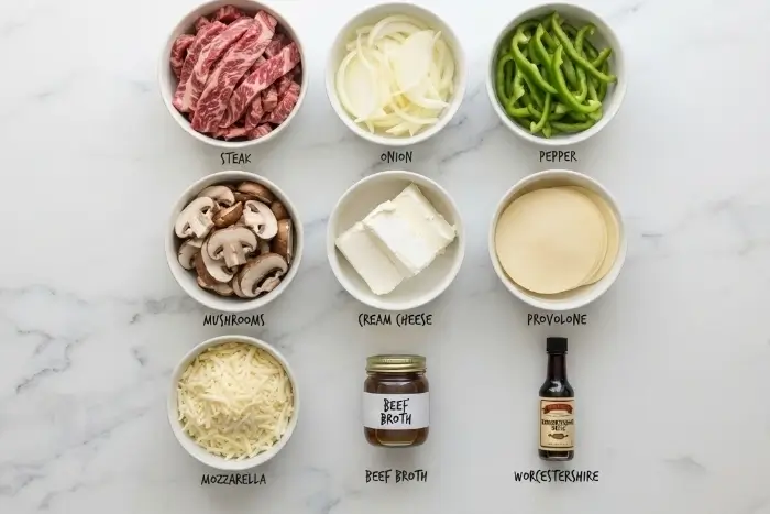 Cheesesteak Casserole 2 Fresh ingredients for cheesesteak casserole recipe laid out on a marble counter