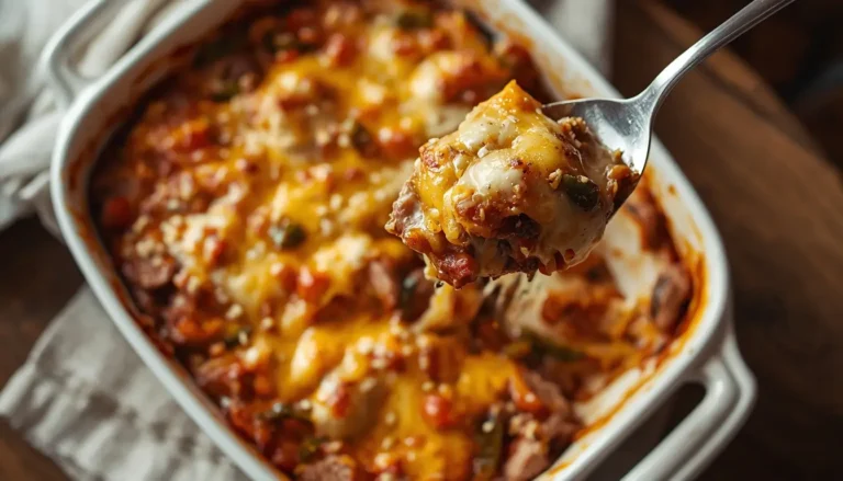 Golden baked cheesesteak casserole with melted provolone in a white baking dish