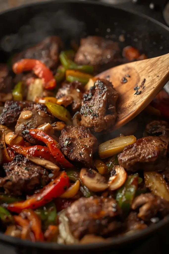 Cheesesteak Casserole 3 Skillet of seared steak and sautéed peppers for cheesesteak casserole filling