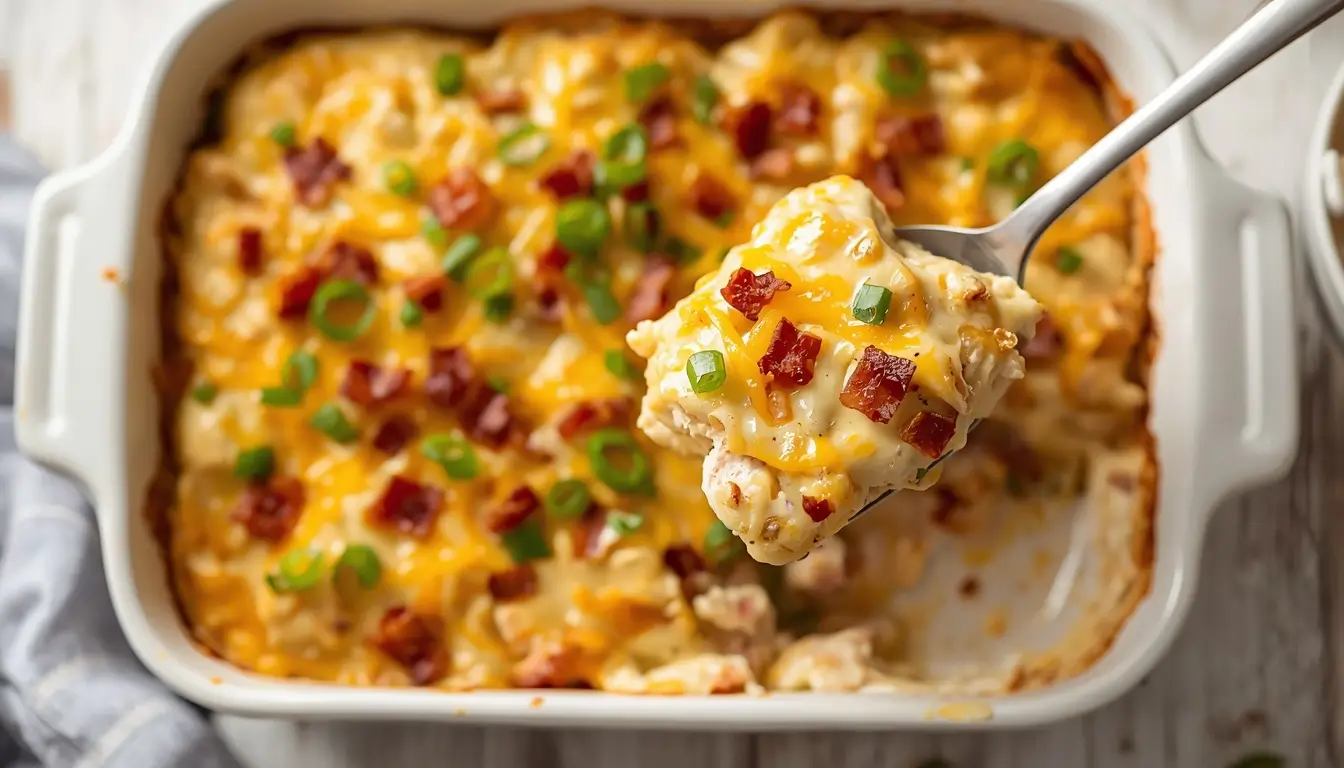 Chicken Bacon Ranch Casserole 1 Golden baked chicken bacon ranch casserole topped with crispy bacon and green onions in a white baking dish