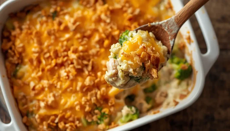 Golden baked chicken broccoli casserole with melted cheddar and broccoli in a white baking dish