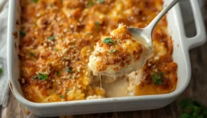Chicken Cordon Bleu Casserole Golden baked chicken cordon bleu casserole with melted Swiss cheese in a white baking dish