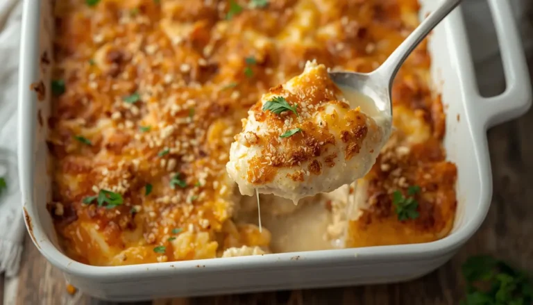 Golden baked chicken cordon bleu casserole with melted Swiss cheese in a white baking dish