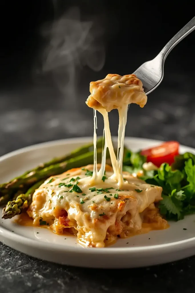 Chicken Cordon Bleu Casserole 4 Plated serving of chicken cordon bleu casserole with melted cheese, asparagus, and side salad