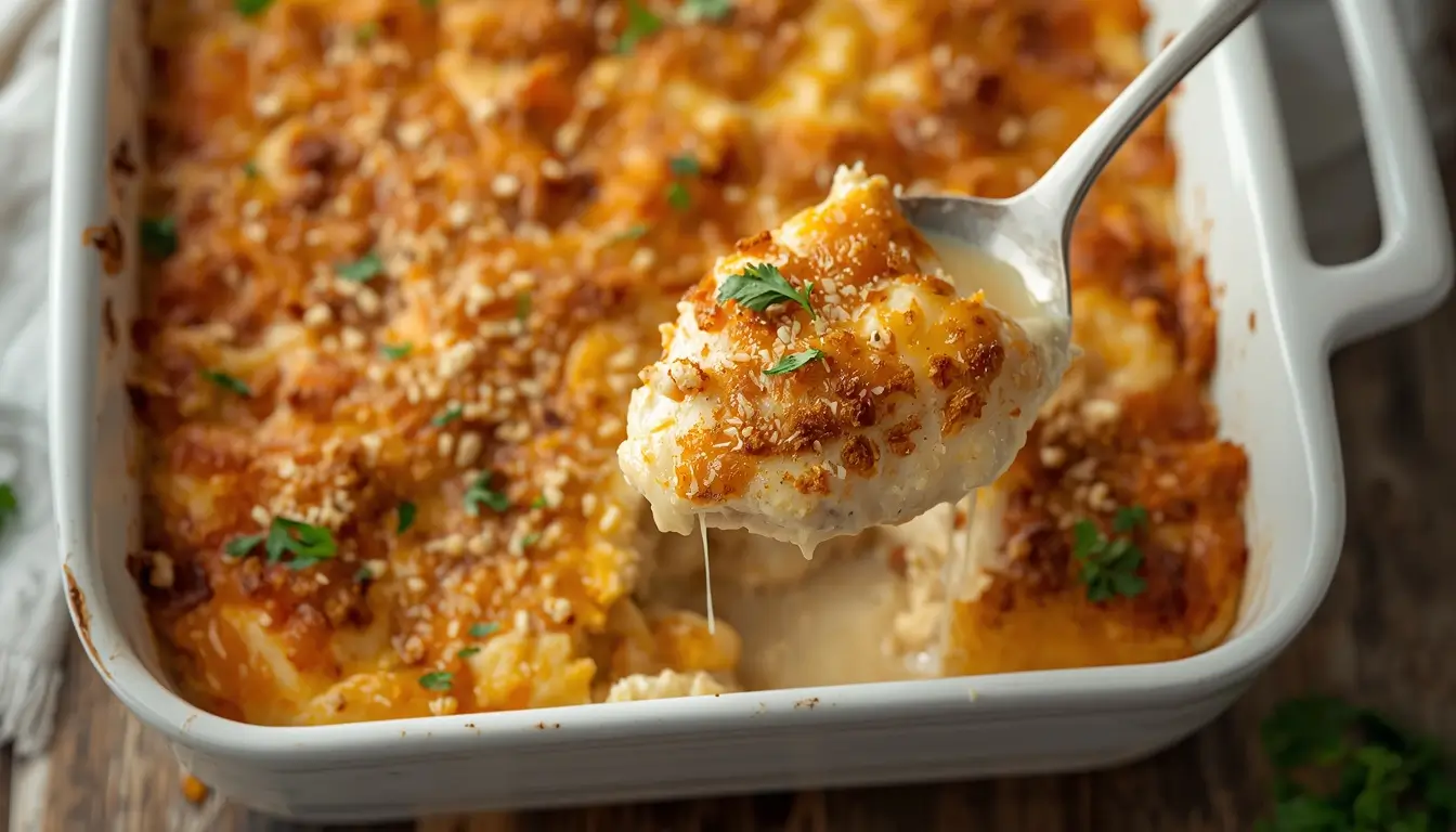 Chicken Cordon Bleu Casserole 1 Golden baked chicken cordon bleu casserole with melted Swiss cheese in a white baking dish