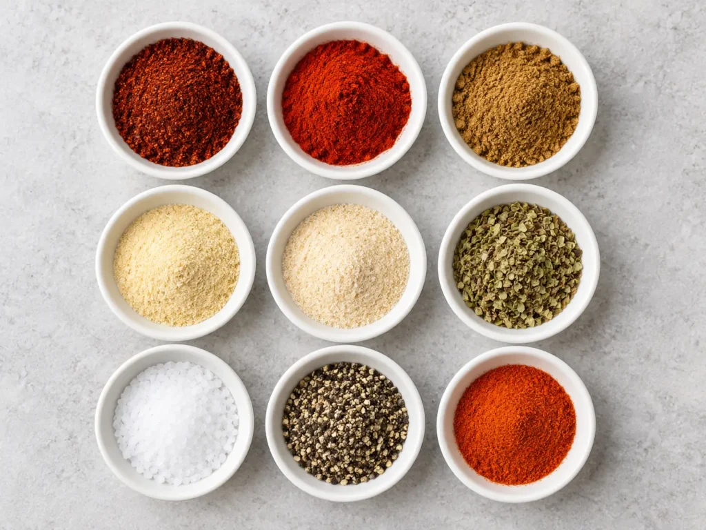 Chicken Fajita Seasoning 2 Nine spices laid out in small bowls to make chicken fajita seasoning from scratch