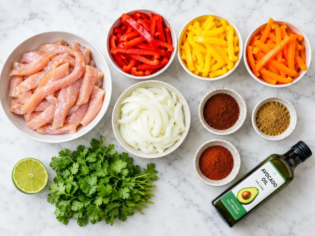 Chicken Fajitas 2 Fresh ingredients for a low-carb chicken fajitas recipe laid out on a marble counter