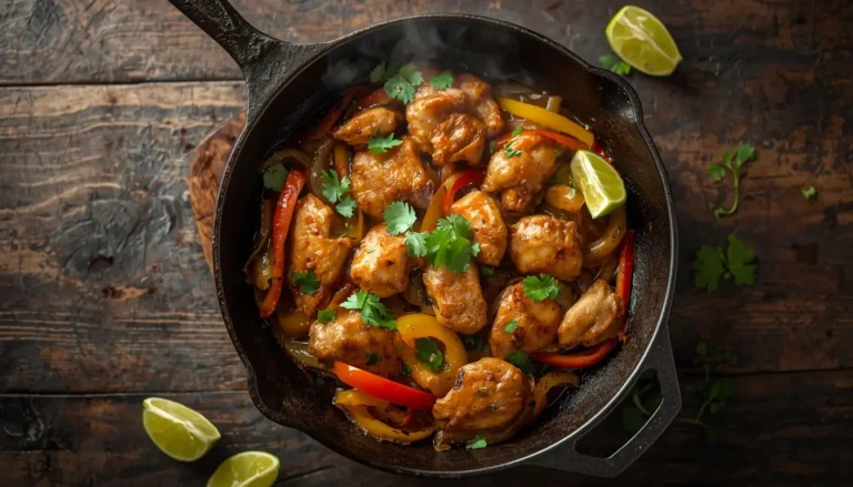 Easy low-carb chicken fajitas sizzling in a cast-iron skillet with colorful bell peppers and fresh cilantro