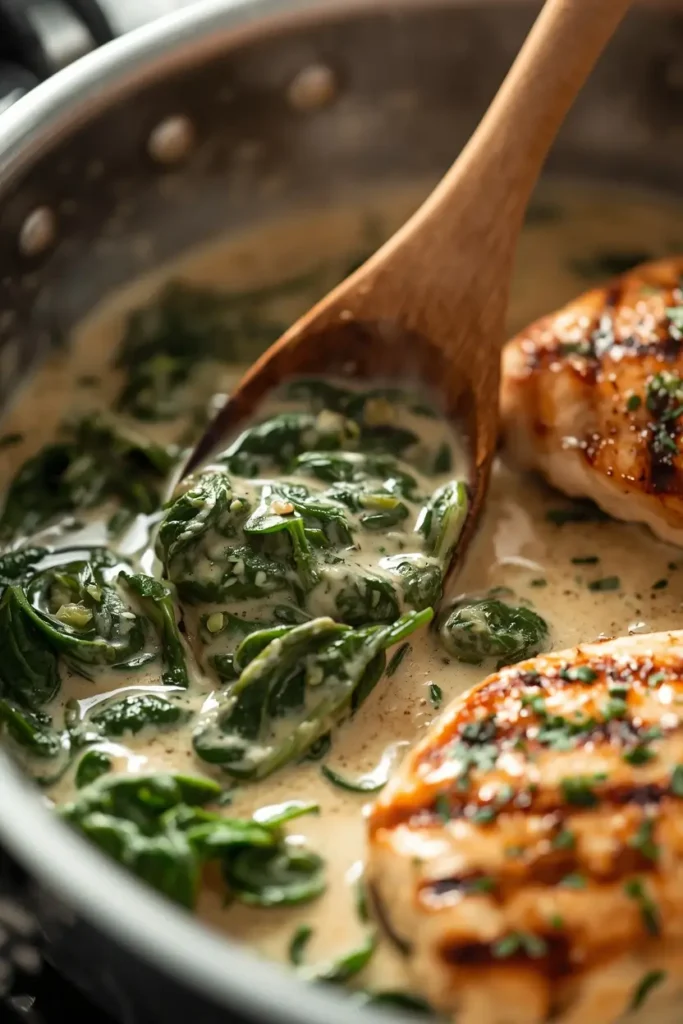 Chicken Florentine 3 Stirring spinach into the creamy garlic Parmesan sauce for chicken florentine