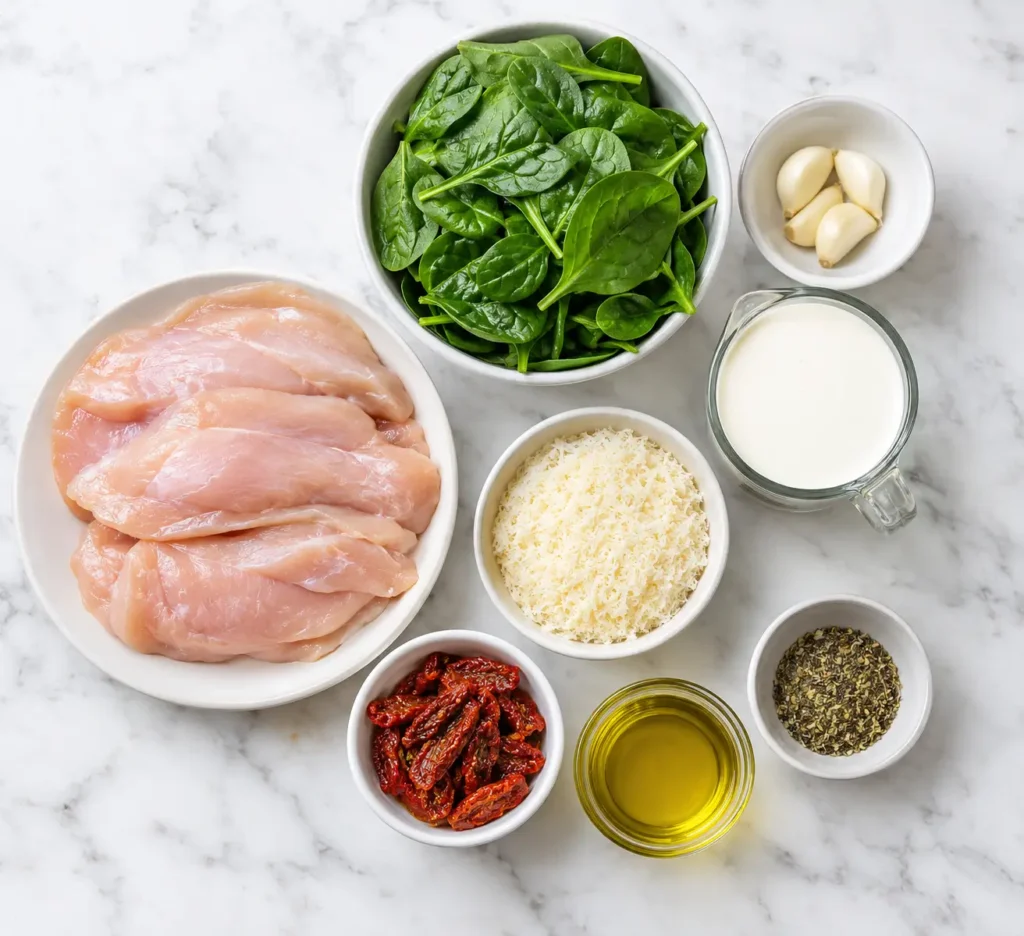 Chicken Florentine 2 Fresh ingredients for a low-carb chicken florentine recipe laid out on a marble counter