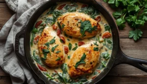 Chicken Florentine Easy keto chicken florentine in a creamy spinach sauce, served in a cast iron skillet