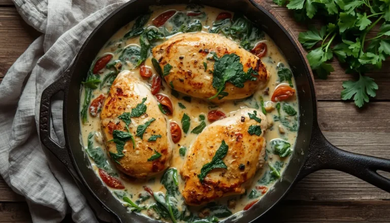Easy keto chicken florentine in a creamy spinach sauce, served in a cast iron skillet
