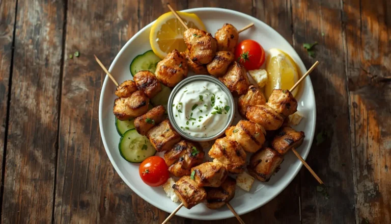 Grilled chicken greek souvlaki recipe skewers served with tzatziki, cucumber, and feta