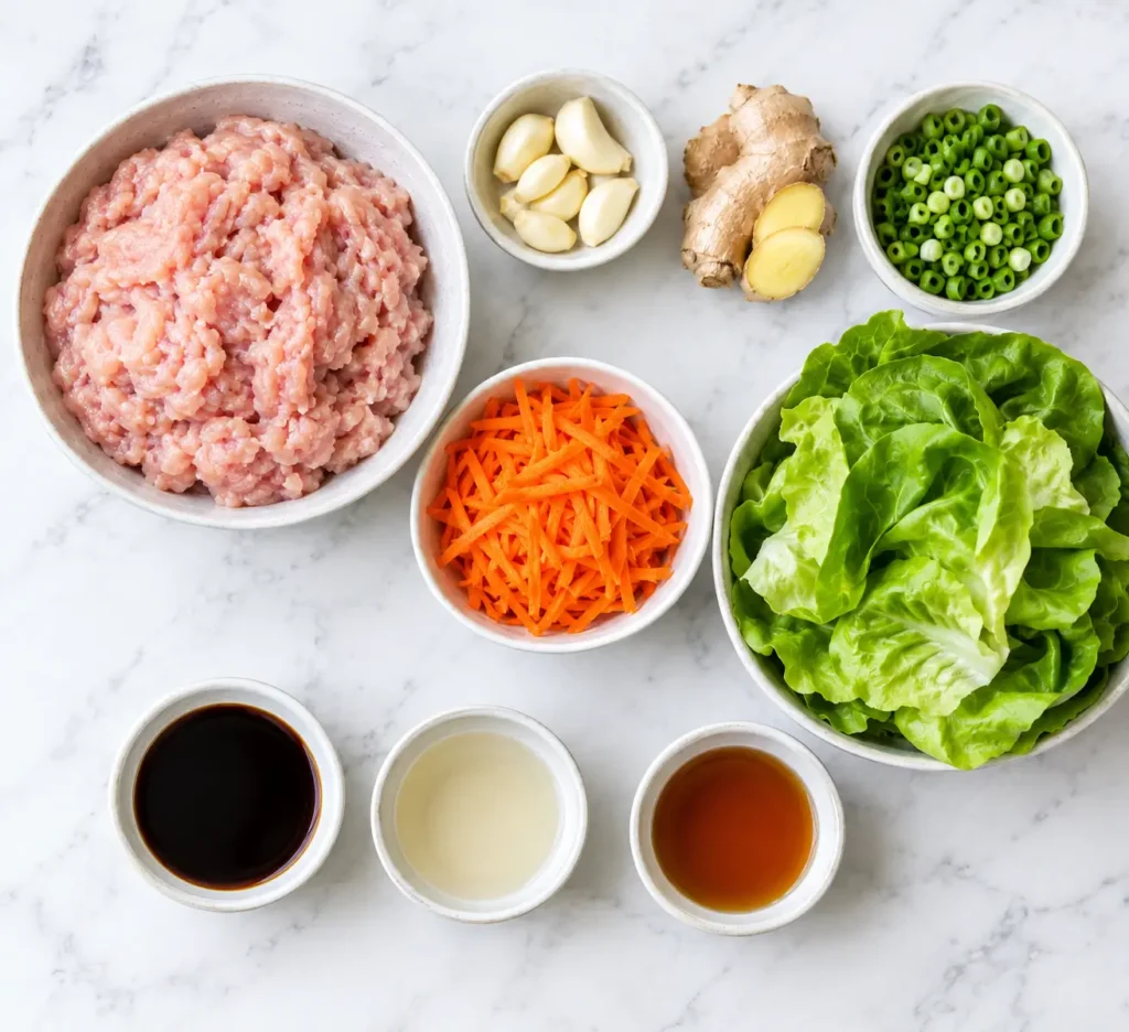 Chicken Lettuce Wraps 2 Fresh ingredients for low-carb chicken lettuce wraps including ground chicken, lettuce, garlic, and ginger