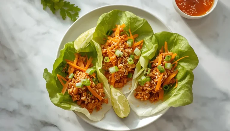 Three easy chicken lettuce wraps recipe servings topped with sesame seeds and green onions on a white plate