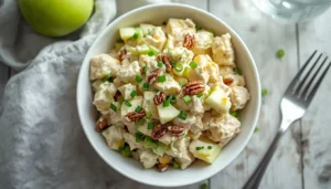 Bowl of creamy chicken salad with apples, celery, pecans, and chives on a wooden table