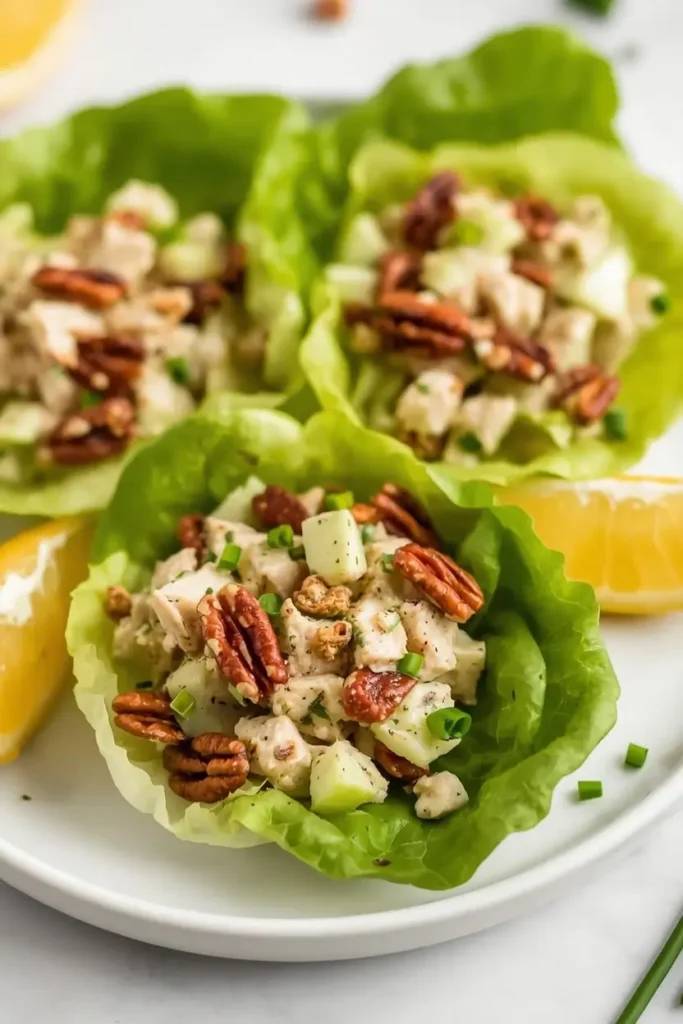 Lettuce wraps filled with low-carb chicken salad with apples on a white plate